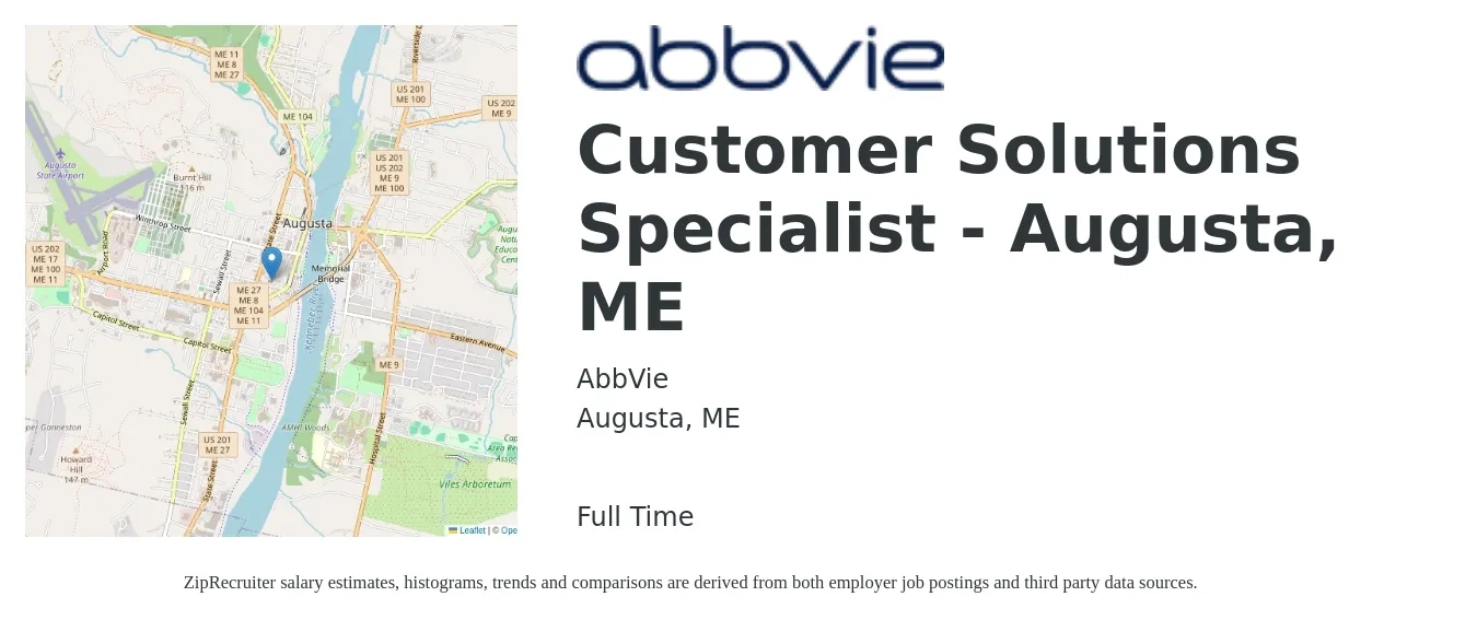 AbbVie job posting for a Customer Solutions Specialist - Augusta, ME in Augusta, ME with a salary of $16 to $26 Hourly with a map of Augusta location.