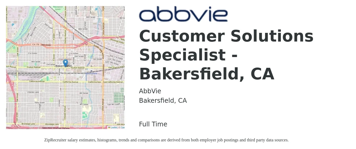 AbbVie job posting for a Customer Solutions Specialist - Bakersfield, CA in Bakersfield, CA with a salary of $17 to $28 Hourly with a map of Bakersfield location.