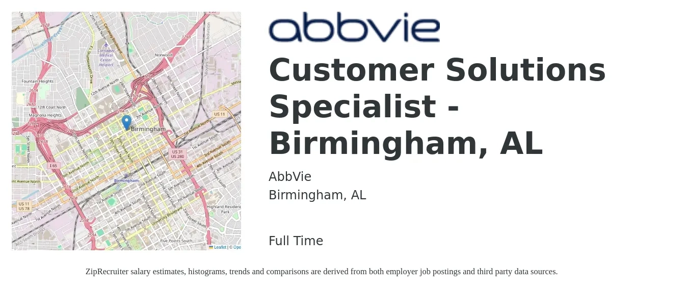 AbbVie job posting for a Customer Solutions Specialist - Birmingham, AL in Birmingham, AL with a salary of $16 to $25 Hourly with a map of Birmingham location.