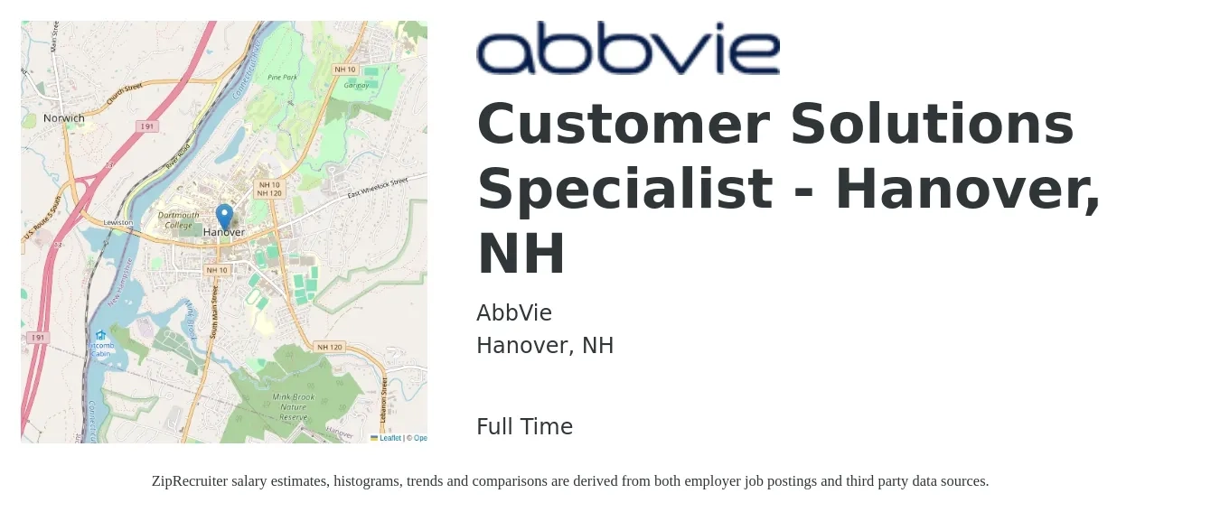 AbbVie job posting for a Customer Solutions Specialist - Hanover, NH in Hanover, NH with a salary of $16 to $27 Hourly with a map of Hanover location.