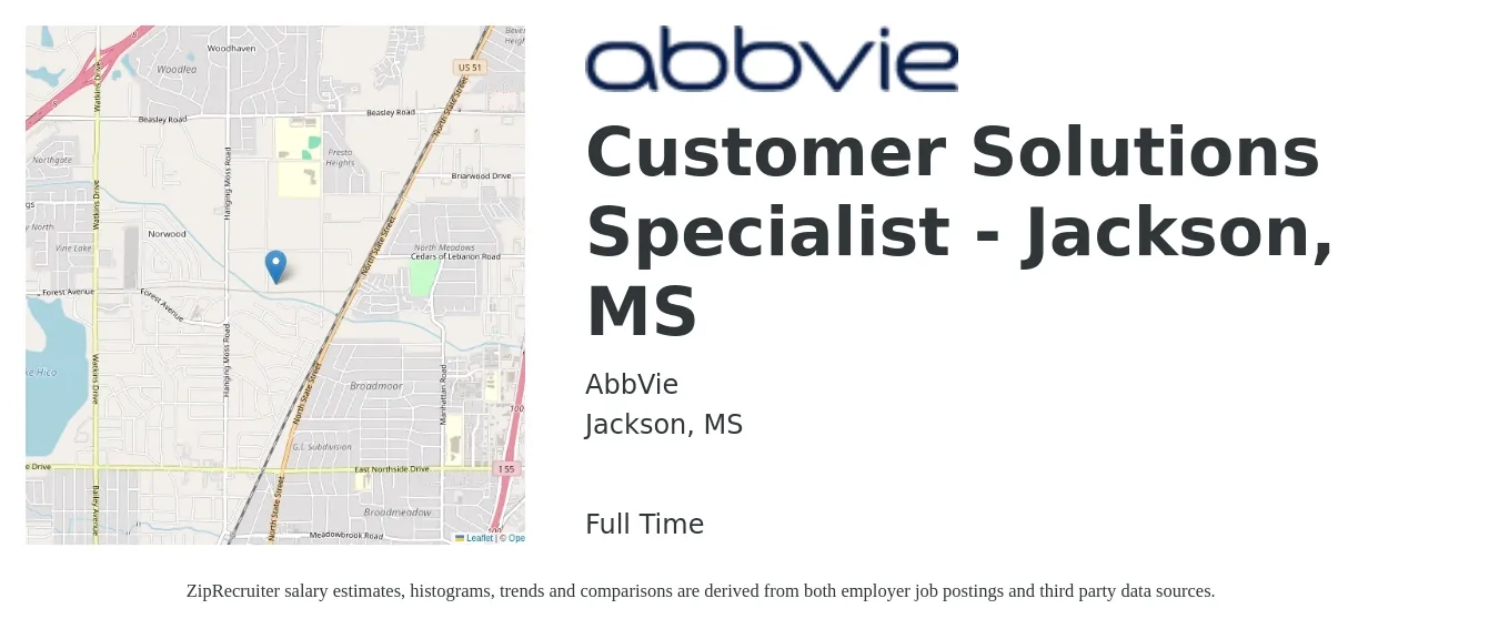 AbbVie job posting for a Customer Solutions Specialist - Jackson, MS in Jackson, MS with a salary of $14 to $23 Hourly with a map of Jackson location.