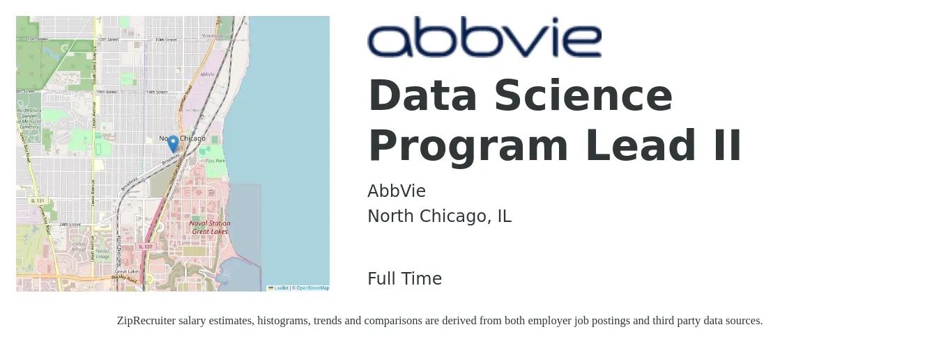 AbbVie job posting for a Data Science Program Lead II in North Chicago, IL with a salary of $45 to $68 Hourly with a map of North Chicago location.