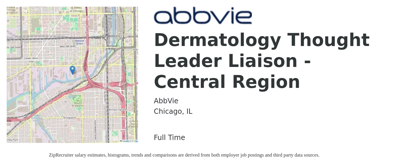 AbbVie job posting for a Dermatology Thought Leader Liaison - Central Region in Chicago, IL with a salary of $50,000 to $77,300 Yearly with a map of Chicago location.