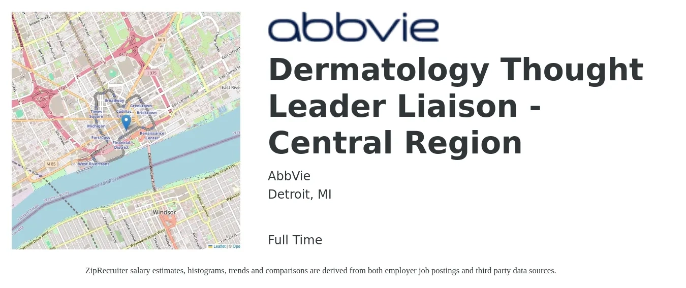 AbbVie job posting for a Dermatology Thought Leader Liaison - Central Region in Detroit, MI with a salary of $48,000 to $74,200 Yearly with a map of Detroit location.