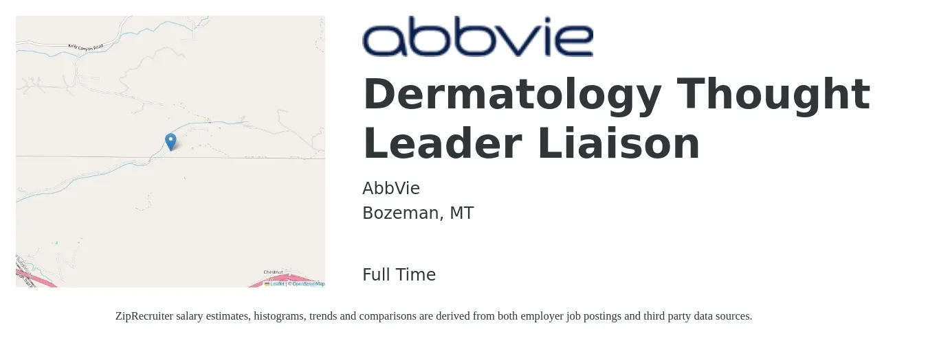 AbbVie job posting for a Dermatology Thought Leader Liaison in Bozeman, MT with a salary of $49,500 to $76,500 Yearly with a map of Bozeman location.