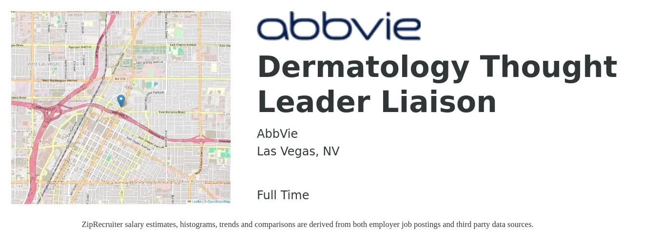 AbbVie job posting for a Dermatology Thought Leader Liaison in Las Vegas, NV with a salary of $46,300 to $71,600 Yearly with a map of Las Vegas location.