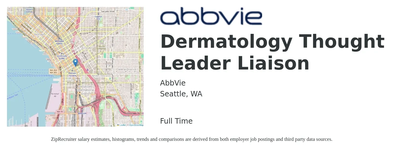 AbbVie job posting for a Dermatology Thought Leader Liaison in Seattle, WA with a salary of $55,200 to $85,400 Yearly with a map of Seattle location.