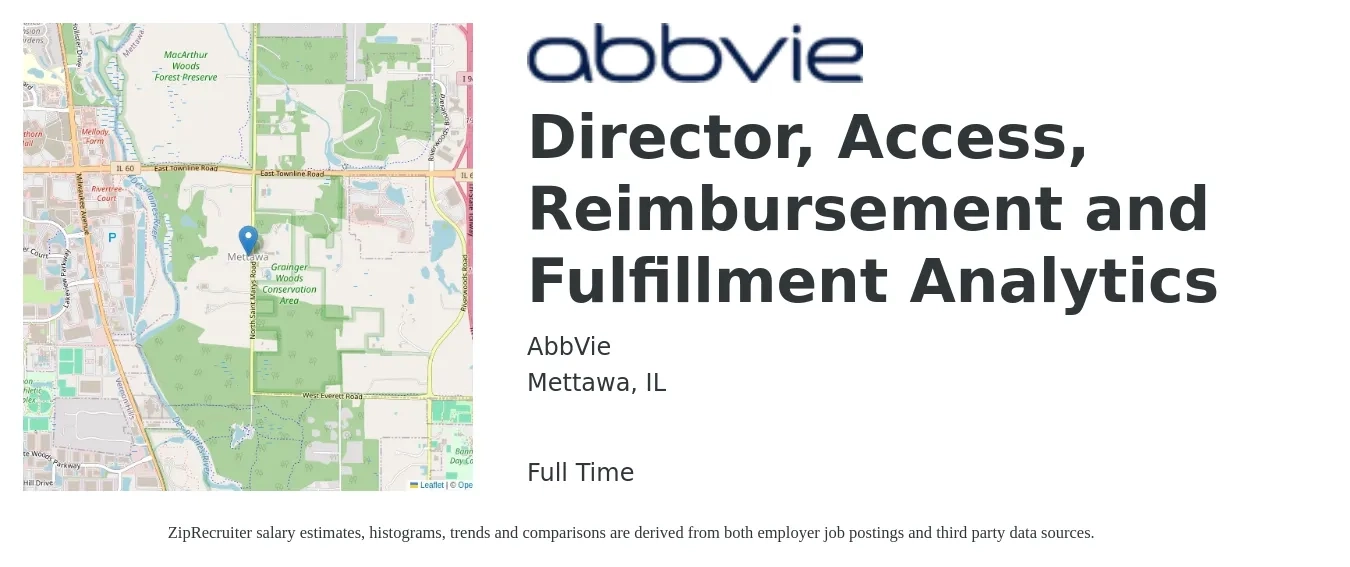 AbbVie job posting for a Director, Access, Reimbursement and Fulfillment Analytics in Mettawa, IL with a salary of $115,100 to $148,800 Yearly with a map of Mettawa location.