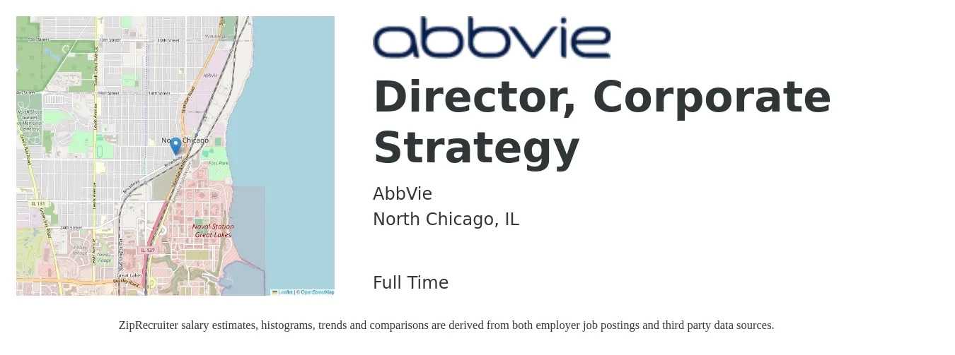 AbbVie job posting for a Director, Corporate Strategy in North Chicago, IL with a salary of $137,100 to $164,900 Yearly with a map of North Chicago location.
