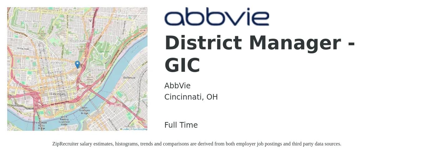 AbbVie job posting for a District Manager - GIC in Cincinnati, OH with a salary of $61,900 to $88,300 Yearly with a map of Cincinnati location.