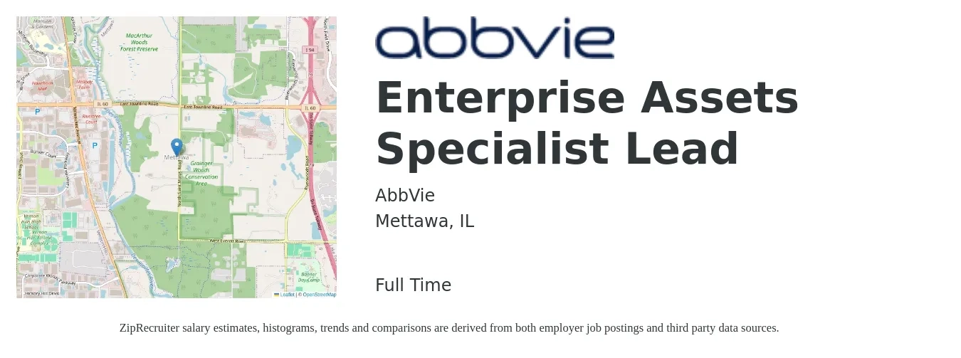 AbbVie job posting for a Enterprise Assets Specialist Lead in Mettawa, IL with a salary of $55,000 to $104,200 Yearly with a map of Mettawa location.