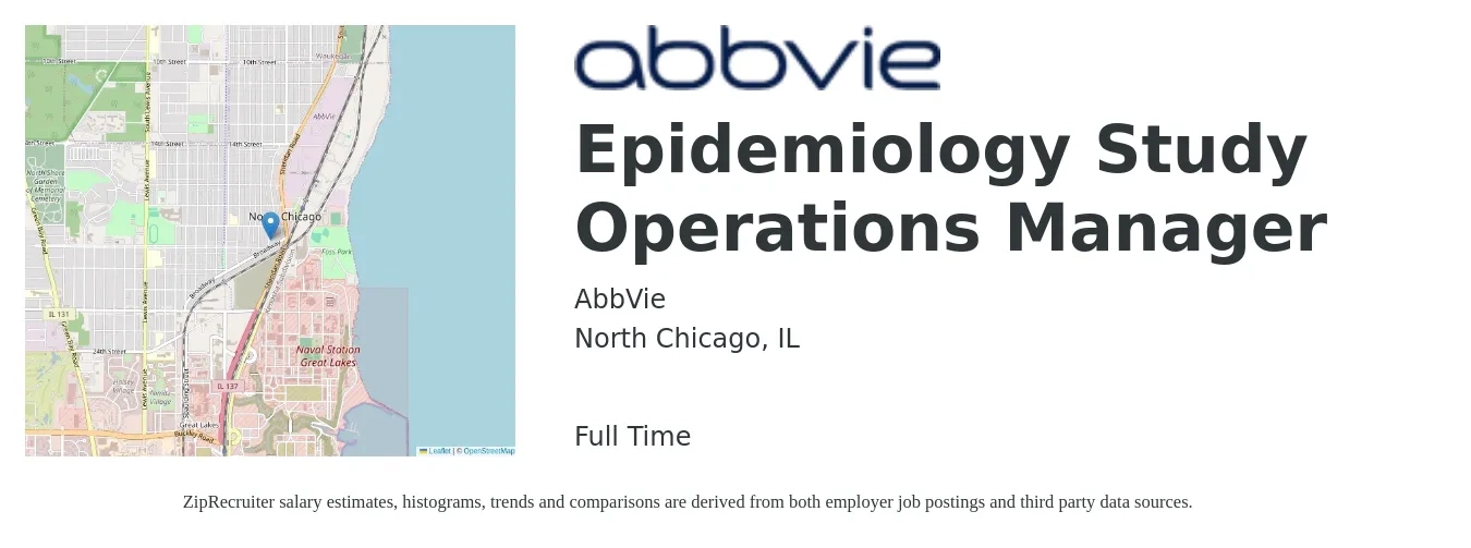 AbbVie job posting for a Epidemiology Study Operations Manager in North Chicago, IL with a salary of $57 to $166 Hourly with a map of North Chicago location.