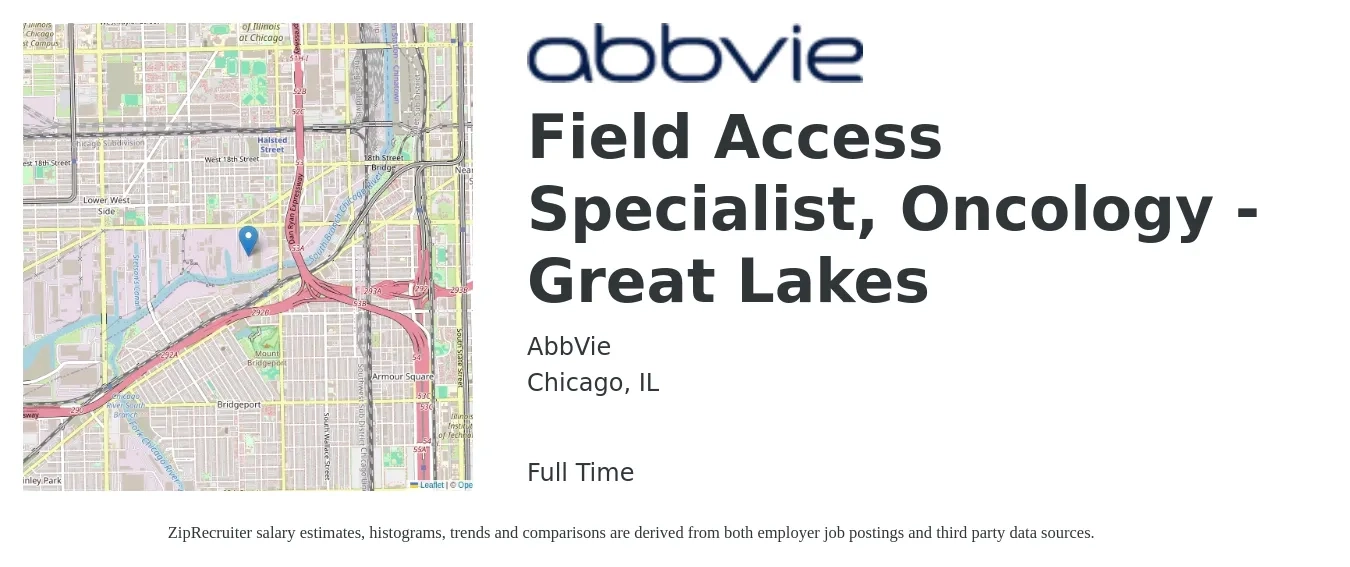AbbVie job posting for a Field Access Specialist, Oncology - Great Lakes in Chicago, IL with a salary of $24 to $36 Hourly with a map of Chicago location.