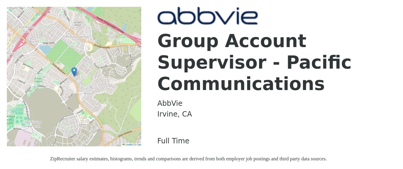AbbVie job posting for a Group Account Supervisor - Pacific Communications in Irvine, CA with a salary of $51,500 to $84,300 Yearly with a map of Irvine location.