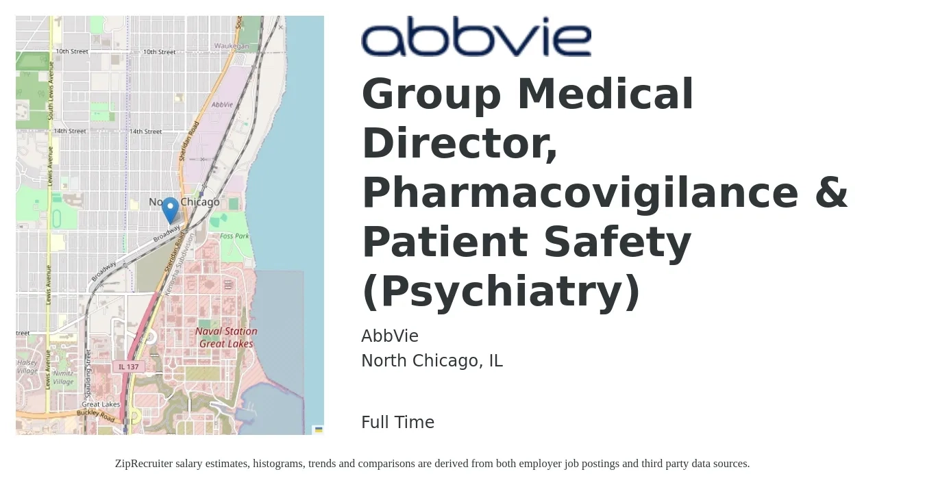 AbbVie job posting for a Group Medical Director, Pharmacovigilance & Patient Safety (Psychiatry) in North Chicago, IL with a salary of $96,200 to $199,100 Yearly with a map of North Chicago location.