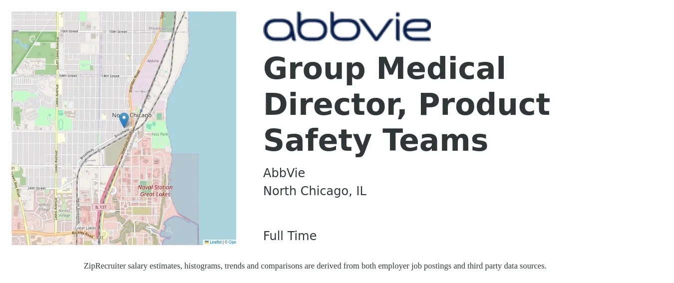 AbbVie job posting for a Group Medical Director, Product Safety Teams in North Chicago, IL with a salary of $96,200 to $199,100 Yearly with a map of North Chicago location.
