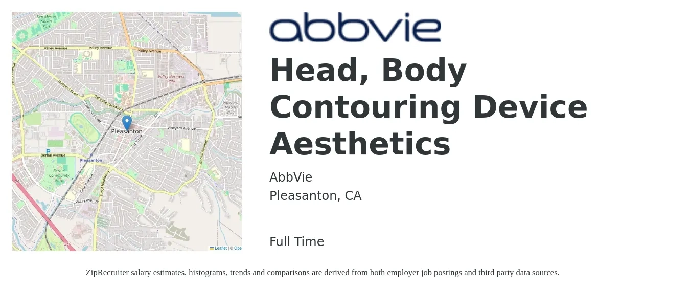 AbbVie job posting for a Head, Body Contouring Device Aesthetics in Pleasanton, CA with a salary of $34 to $56 Hourly with a map of Pleasanton location.