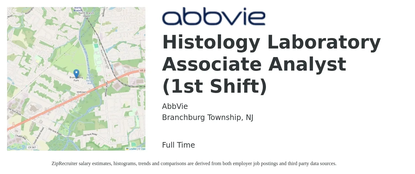 AbbVie job posting for a Histology Laboratory Associate Analyst (1st Shift) in Branchburg Township, NJ with a salary of $27 to $44 Hourly with a map of Branchburg Township location.