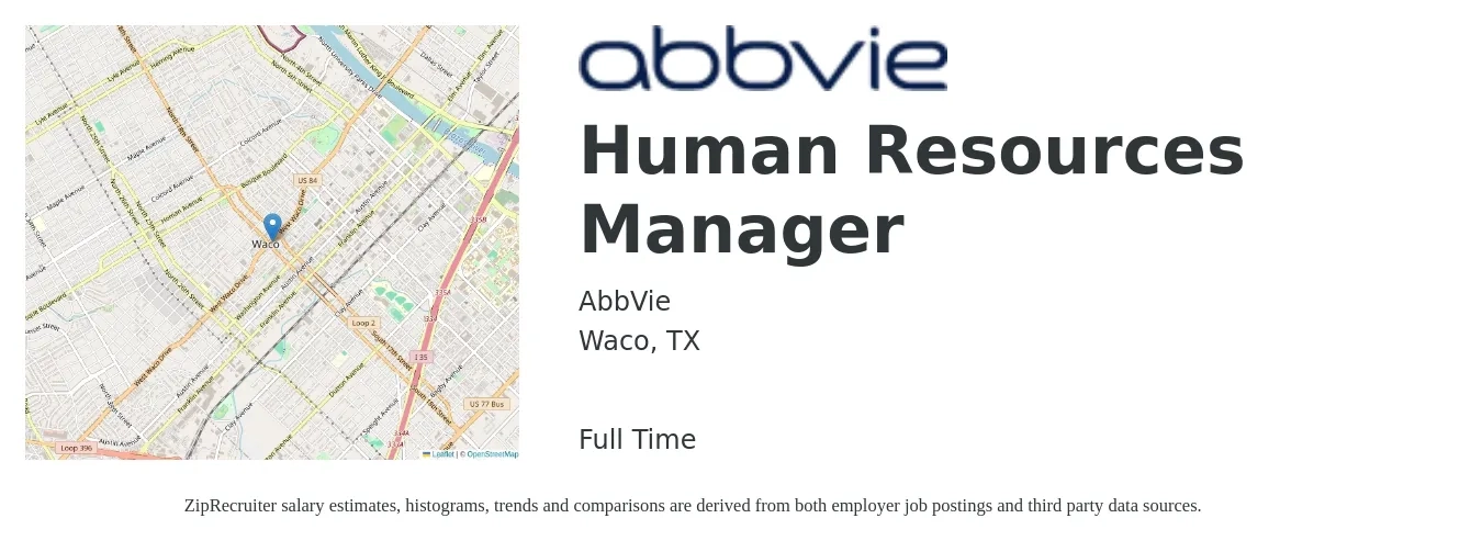AbbVie job posting for a Human Resources Manager in Waco, TX with a salary of $61,300 to $88,800 Yearly with a map of Waco location.