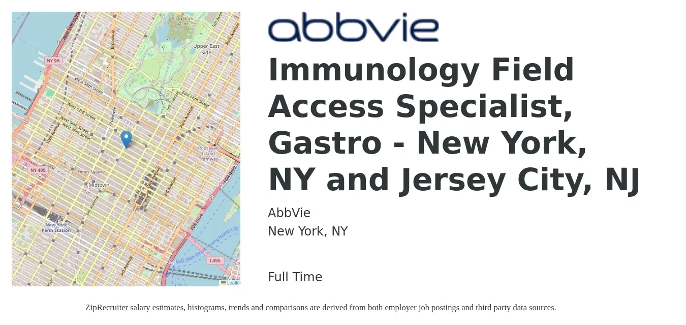 AbbVie job posting for a Immunology Field Access Specialist, Gastro - New York, NY and Jersey City, NJ in New York, NY with a salary of $47,600 to $80,400 Yearly with a map of New York location.