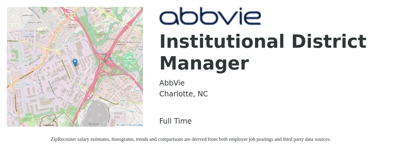 AbbVie job posting for a Institutional District Manager in Charlotte, NC with a salary of $63,000 to $89,900 Yearly with a map of Charlotte location.