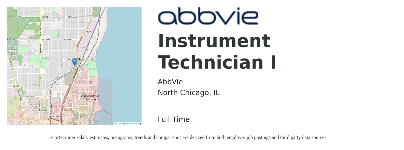 AbbVie job posting for a Instrument Technician I in North Chicago, IL with a salary of $23 to $36 Hourly with a map of North Chicago location.