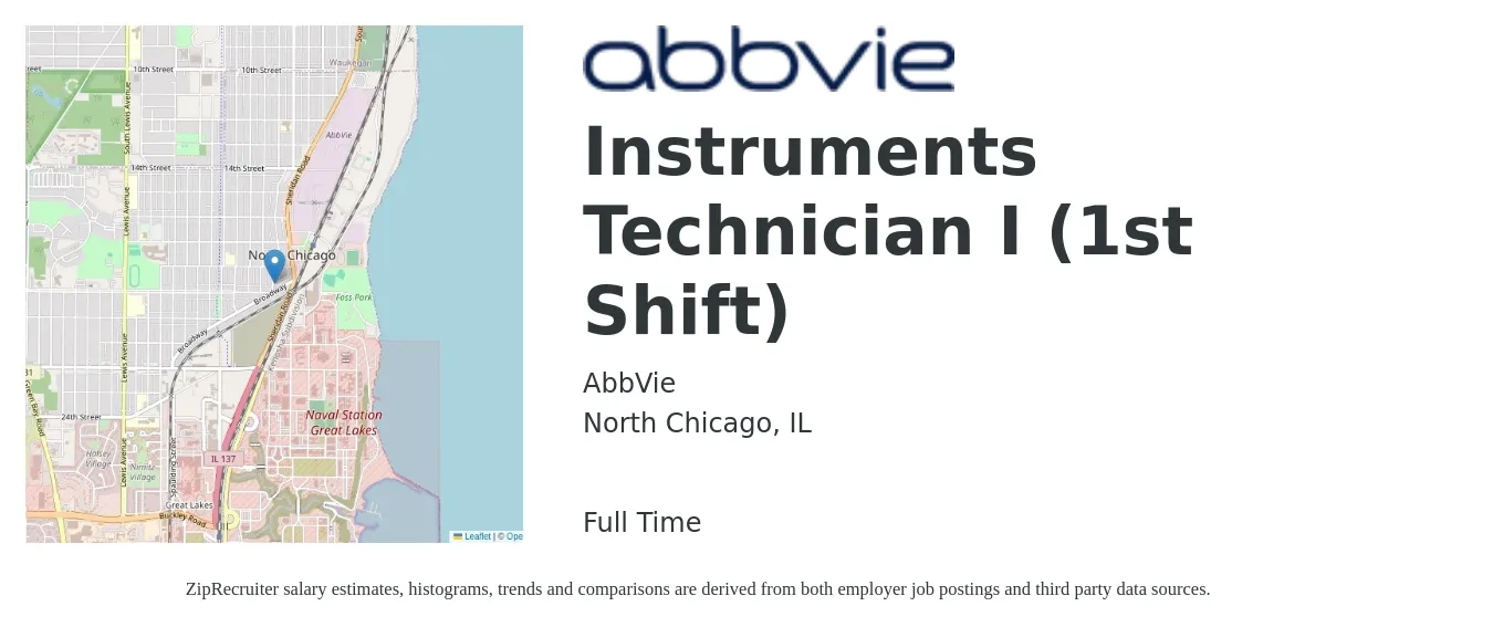AbbVie job posting for a Instruments Technician I (1st Shift) in North Chicago, IL with a salary of $23 to $36 Hourly with a map of North Chicago location.