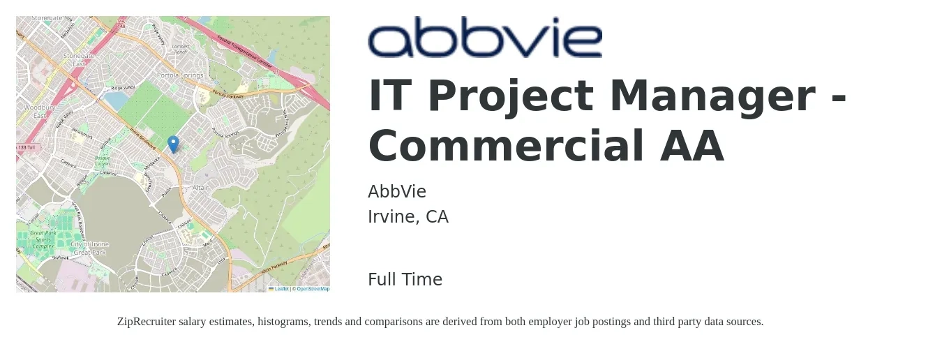 AbbVie job posting for a IT Project Manager - Commercial AA in Irvine, CA with a salary of $105,700 to $125,000 Yearly with a map of Irvine location.