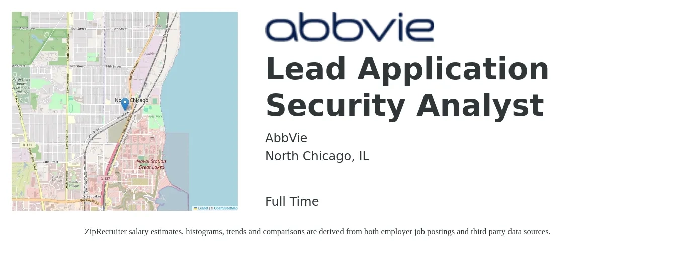 AbbVie job posting for a Lead Application Security Analyst in North Chicago, IL with a salary of $88,000 to $125,000 Yearly with a map of North Chicago location.