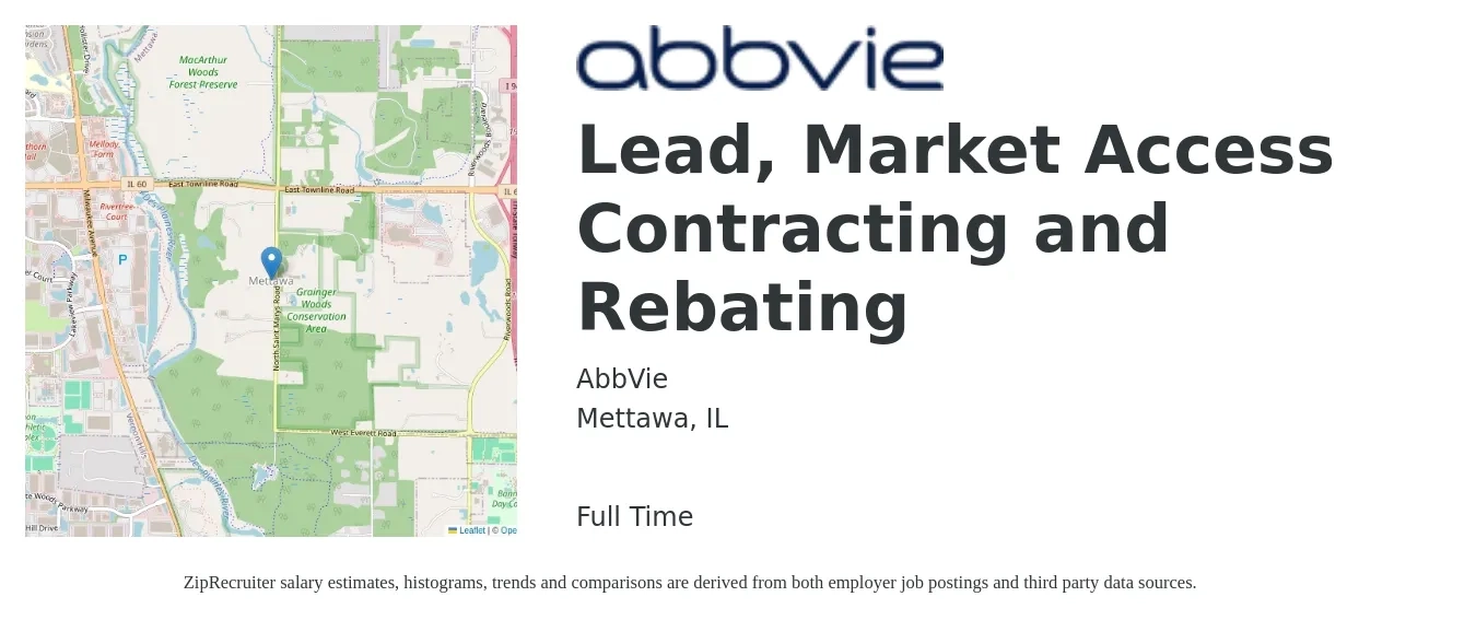 AbbVie job posting for a Lead, Market Access Contracting and Rebating in Mettawa, IL with a salary of $55,000 to $160,300 Yearly with a map of Mettawa location.