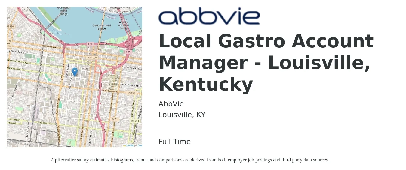 AbbVie job posting for a Local Gastro Account Manager - Louisville, Kentucky in Louisville, KY with a salary of $46,100 to $75,400 Yearly with a map of Louisville location.