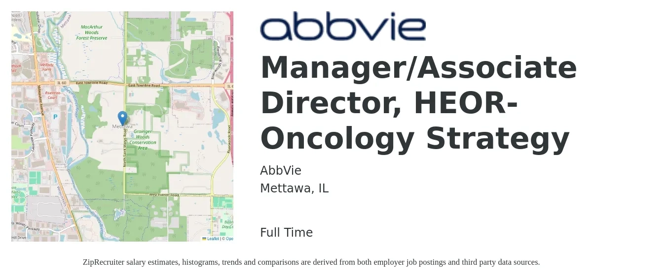 AbbVie job posting for a Manager/Associate Director, HEOR- Oncology Strategy in Mettawa, IL with a salary of $20 to $36 Hourly with a map of Mettawa location.
