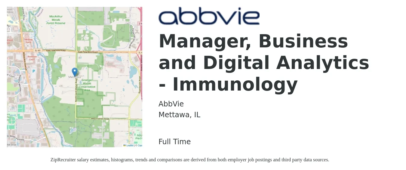 AbbVie job posting for a Manager, Business and Digital Analytics - Immunology in Mettawa, IL with a salary of $115,100 to $154,000 Yearly with a map of Mettawa location.