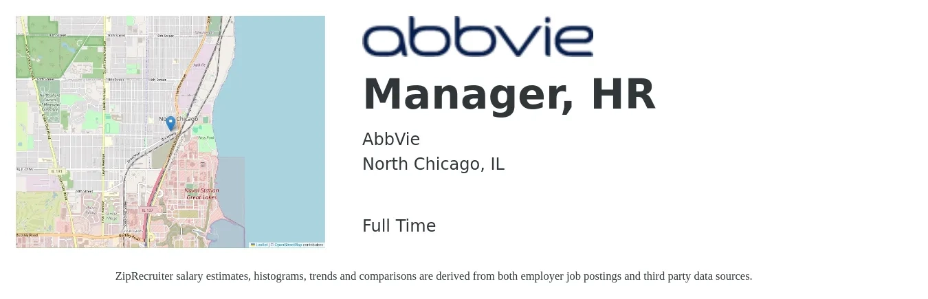 AbbVie job posting for a Manager, HR in North Chicago, IL with a salary of $66,400 to $96,200 Yearly with a map of North Chicago location.