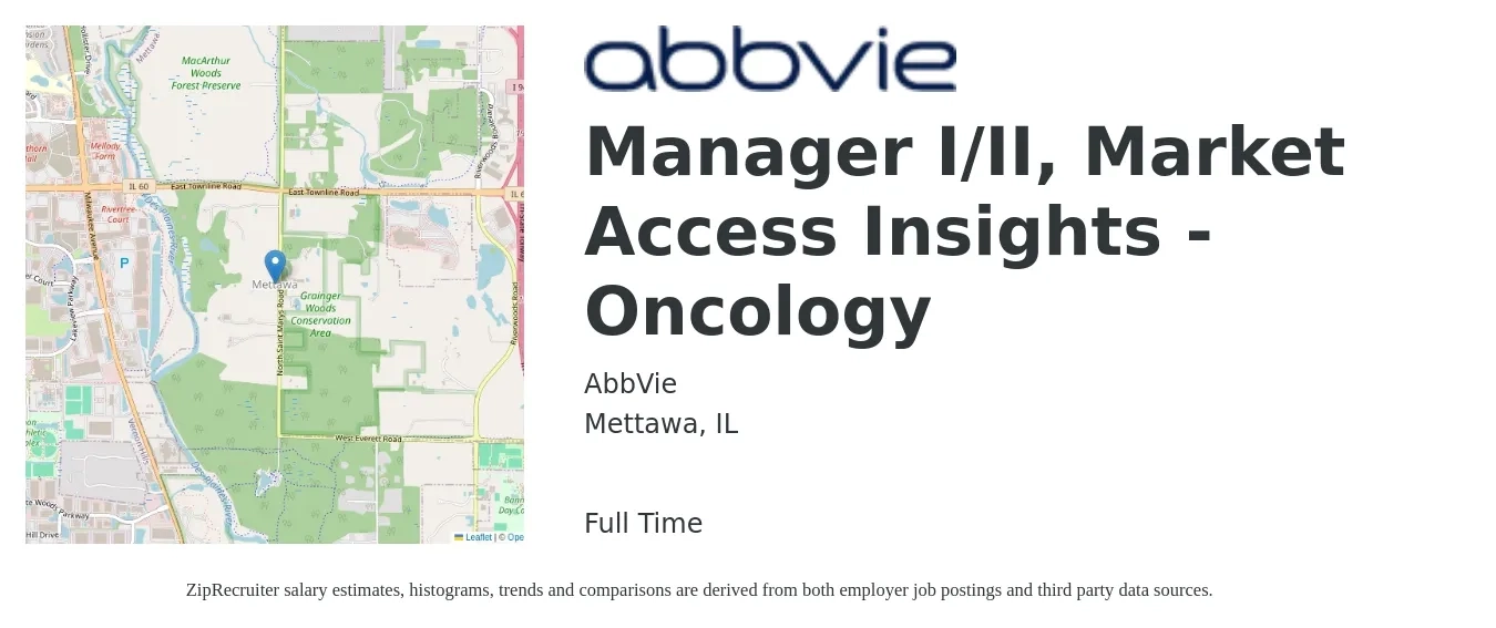 AbbVie job posting for a Manager I/II, Market Access Insights - Oncology in Mettawa, IL with a salary of $82,400 to $113,900 Yearly with a map of Mettawa location.