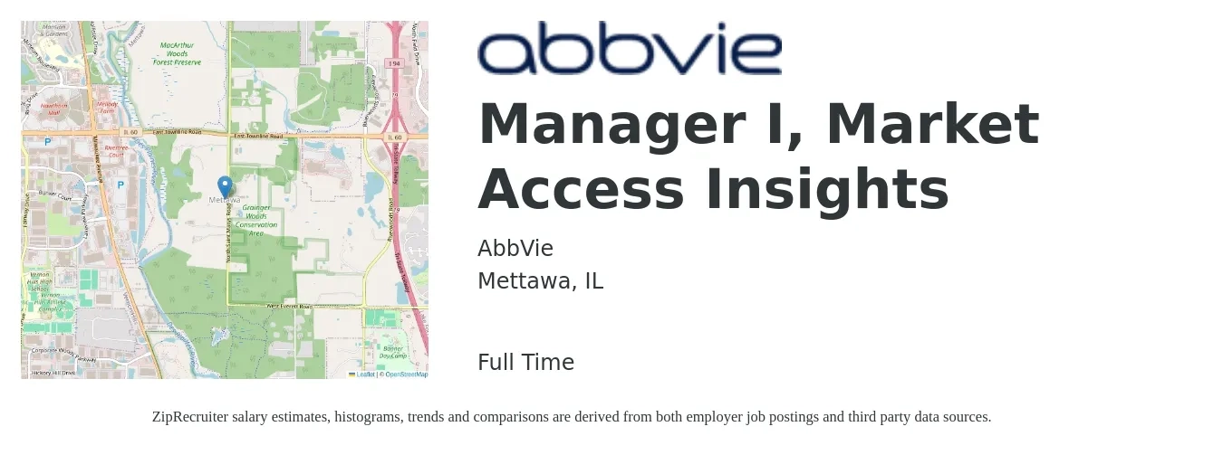 AbbVie job posting for a Manager I, Market Access Insights in Mettawa, IL with a salary of $87,000 to $127,100 Yearly with a map of Mettawa location.