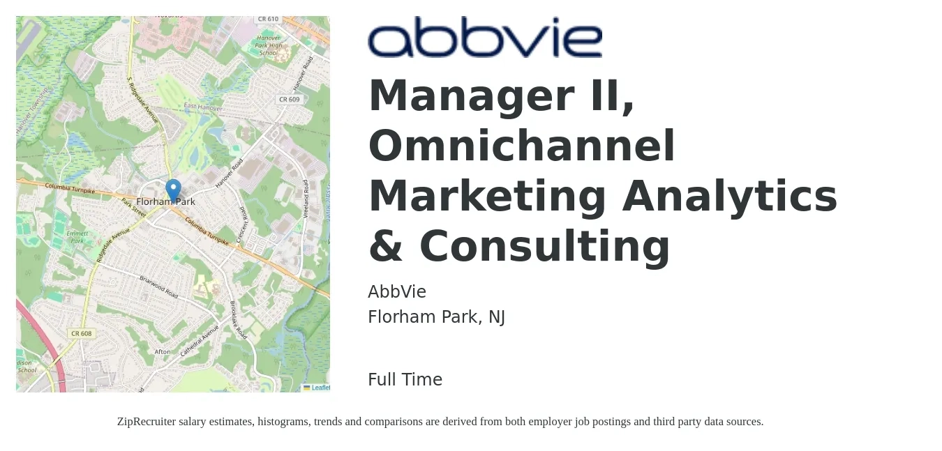 AbbVie job posting for a Manager II, Omnichannel Marketing Analytics & Consulting in Florham Park, NJ with a salary of $79,500 to $116,200 Yearly with a map of Florham Park location.