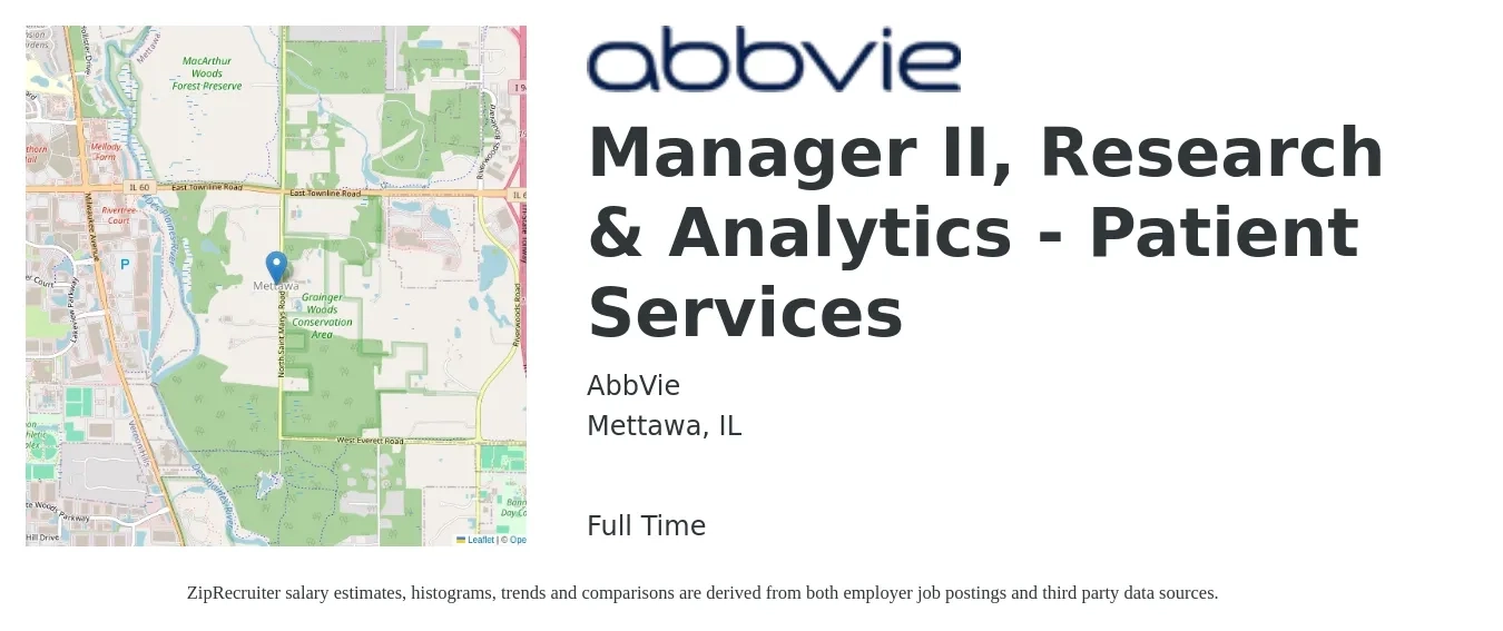 AbbVie job posting for a Manager II, Research & Analytics - Patient Services in Mettawa, IL with a salary of $58,400 to $90,500 Yearly with a map of Mettawa location.