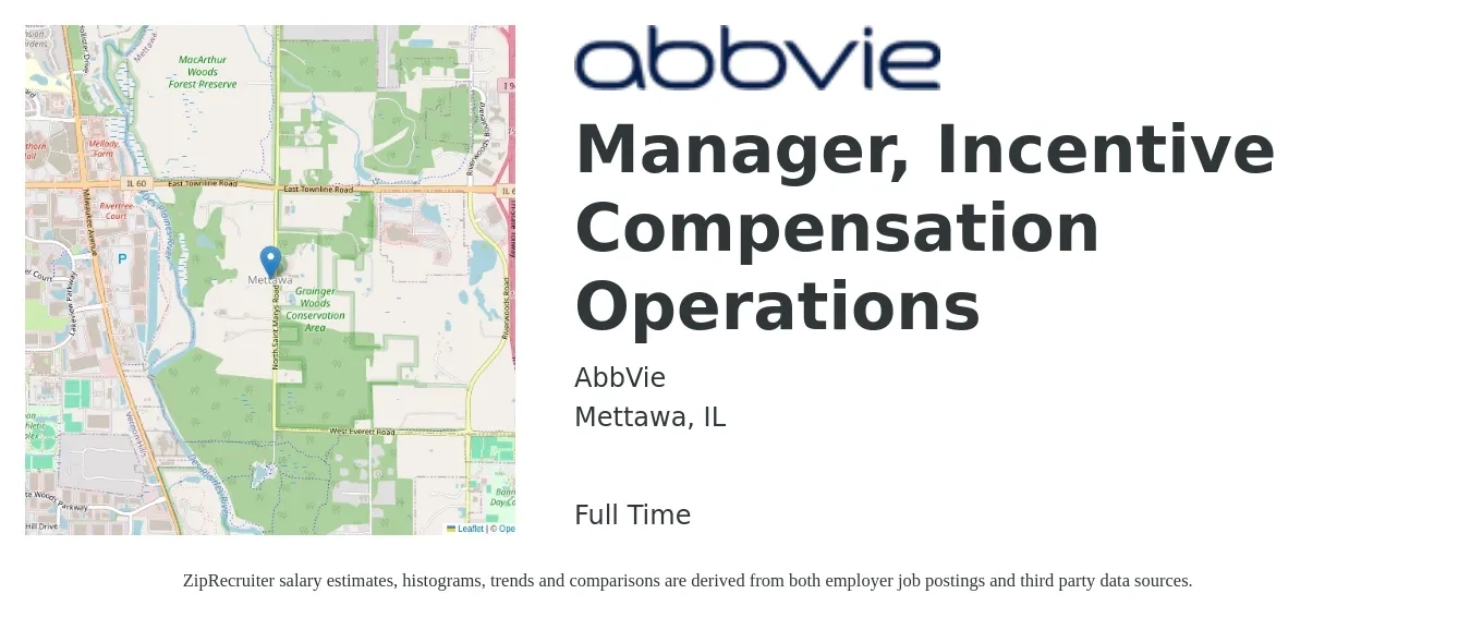 AbbVie job posting for a Manager, Incentive Compensation Operations in Mettawa, IL with a salary of $46,900 to $88,700 Yearly with a map of Mettawa location.