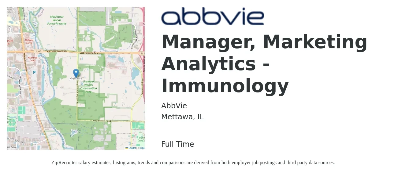 AbbVie job posting for a Manager, Marketing Analytics - Immunology in Mettawa, IL with a salary of $87,000 to $127,100 Yearly with a map of Mettawa location.