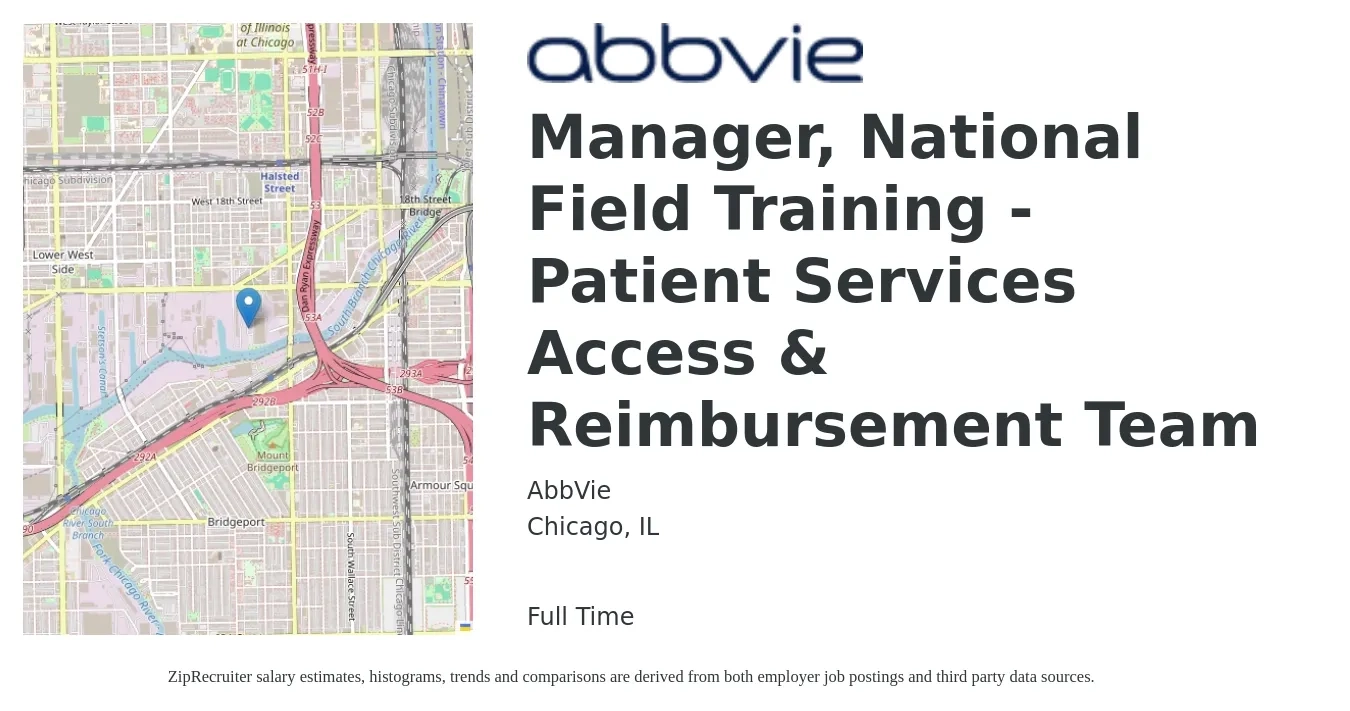 AbbVie job posting for a Manager, National Field Training - Patient Services Access & Reimbursement Team in Chicago, IL with a salary of $52,500 to $81,400 Yearly with a map of Chicago location.