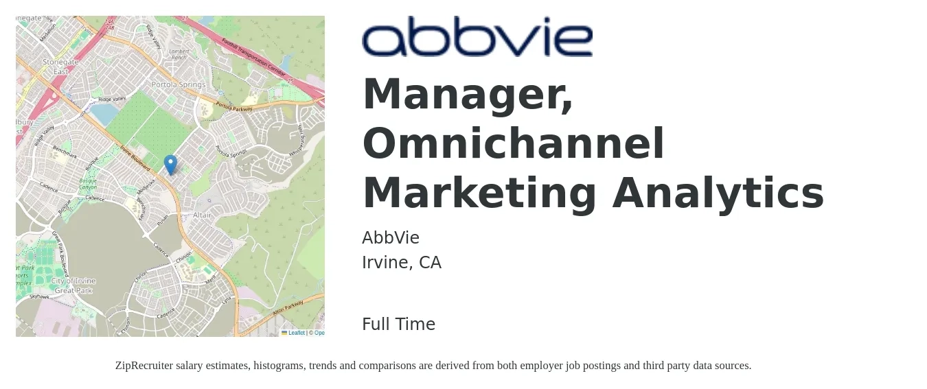 AbbVie job posting for a Manager, Omnichannel Marketing Analytics in Irvine, CA with a salary of $81,600 to $119,100 Yearly with a map of Irvine location.