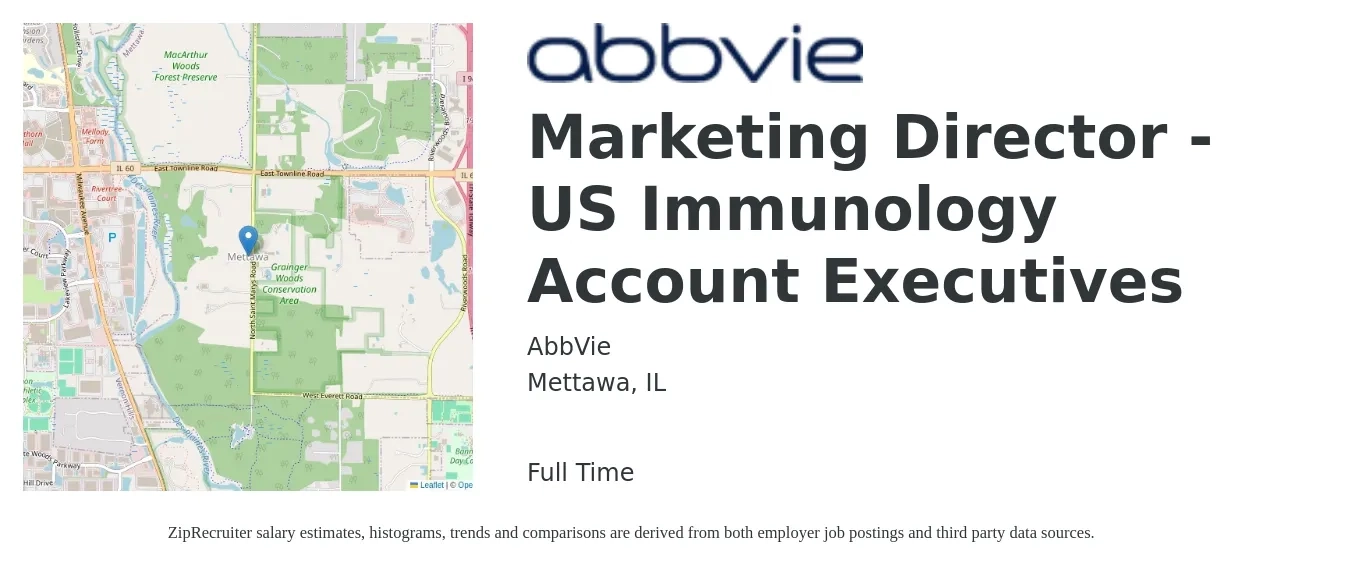 AbbVie job posting for a Marketing Director - US Immunology Account Executives in Mettawa, IL with a salary of $81,900 to $150,600 Yearly with a map of Mettawa location.