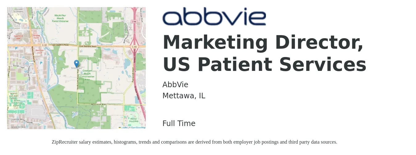 AbbVie job posting for a Marketing Director, US Patient Services in Mettawa, IL with a salary of $81,900 to $150,600 Yearly with a map of Mettawa location.