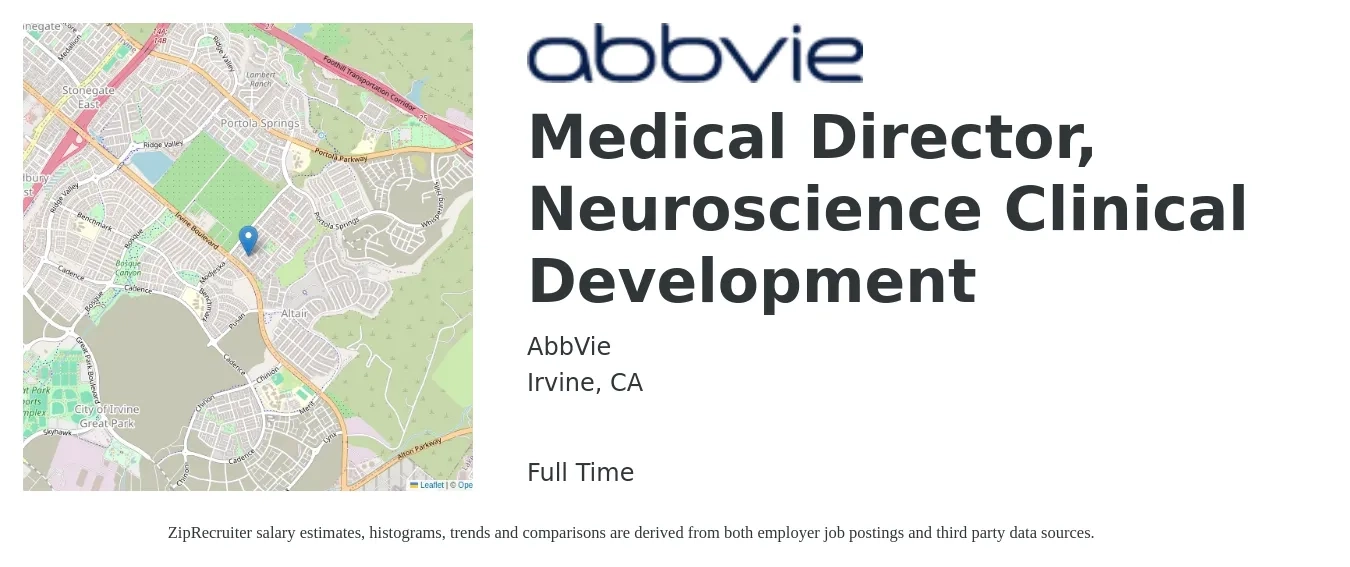 AbbVie job posting for a Medical Director, Neuroscience Clinical Development in Irvine, CA with a salary of $212,500 to $305,400 Yearly with a map of Irvine location.
