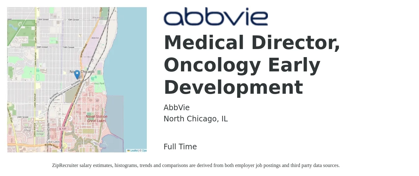 AbbVie job posting for a Medical Director, Oncology Early Development in North Chicago, IL with a salary of $190,400 to $273,600 Yearly with a map of North Chicago location.