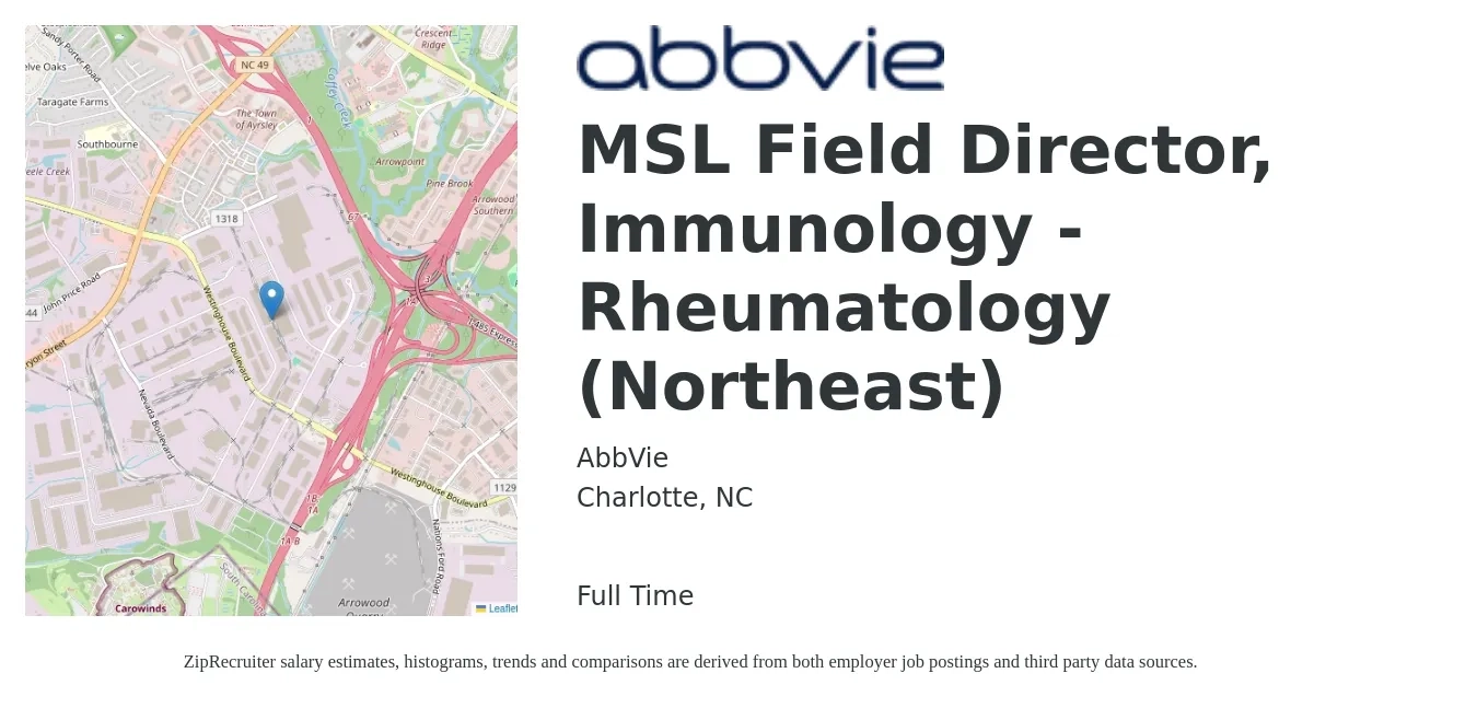 AbbVie job posting for a MSL Field Director, Immunology - Rheumatology (Northeast) in Charlotte, NC with a salary of $67,900 to $137,700 Yearly with a map of Charlotte location.