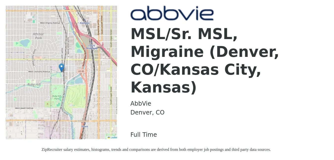 AbbVie job posting for a MSL/Sr. MSL, Migraine (Denver, CO/Kansas City, Kansas) in Denver, CO with a salary of $37 to $109 Hourly with a map of Denver location.