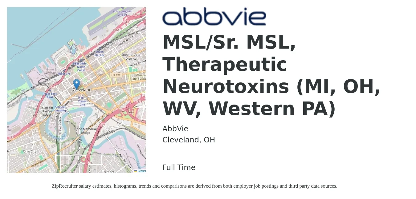 AbbVie job posting for a MSL/Sr. MSL, Therapeutic Neurotoxins (MI, OH, WV, Western PA) in Cleveland, OH with a salary of $35 to $103 Hourly with a map of Cleveland location.