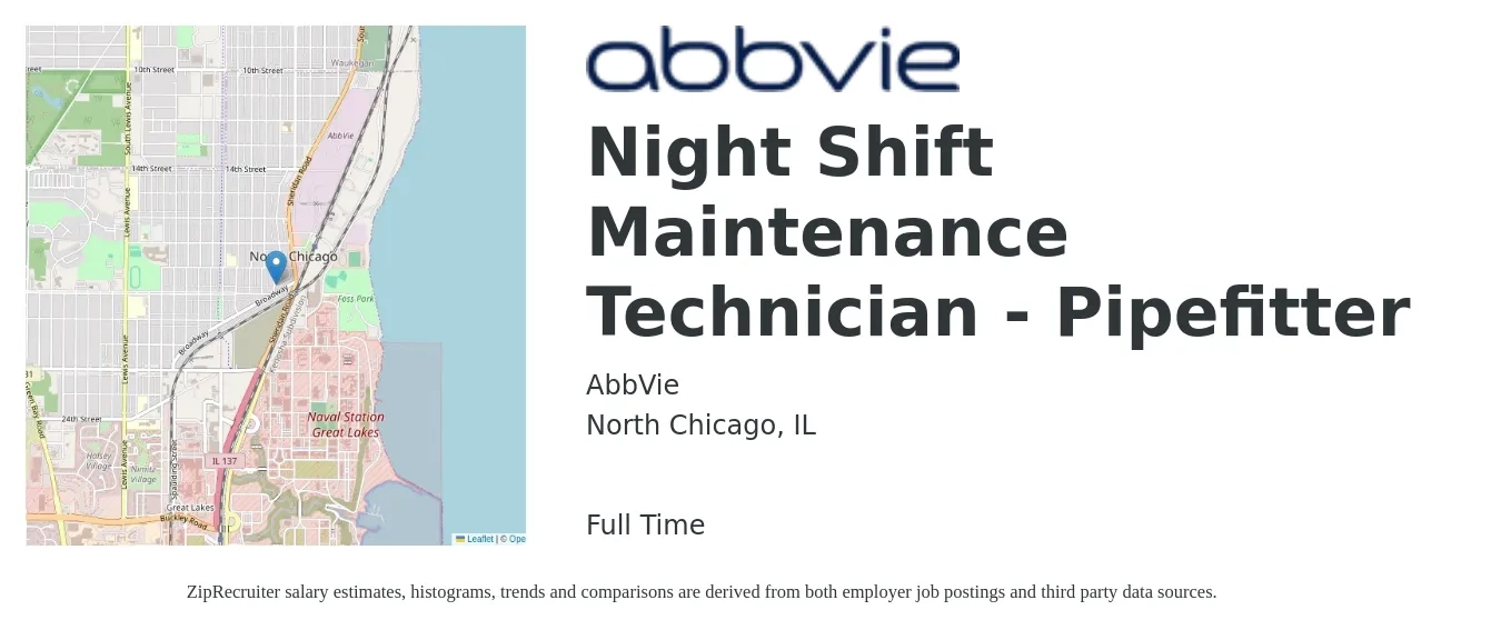 AbbVie job posting for a Night Shift Maintenance Technician - Pipefitter in North Chicago, IL with a salary of $24 to $54 Hourly with a map of North Chicago location.